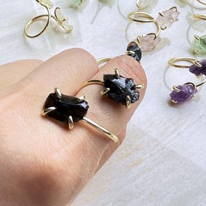Double Raw Gemstone Ring // Natural Black Tourmaline Healing Crystal Quartz Band Rings // Gold Jewelry Charm Rings For Women Ladies