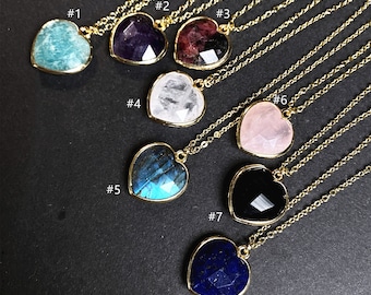 ON SALE 16mm Heart LOVE Faceted Gemstone Crystal Quartz Pendant Necklace, Healing Stone with Gold Electroplated, 8 gemstone for choose