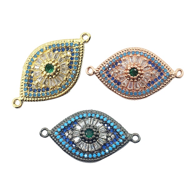 Evil Eye Charms Pendant Connector Pave CZ Crystal Brass in Gunmetal plated, rose gold plated, Gold plated, Bracelet Connector