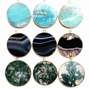 Pendentif en cristal de quartz Druzy à tranche super fine de 9 pierres précieuses naturelles avec plaqué or - Pendentif en pierre de guérison de forme ronde (F1S55_11)