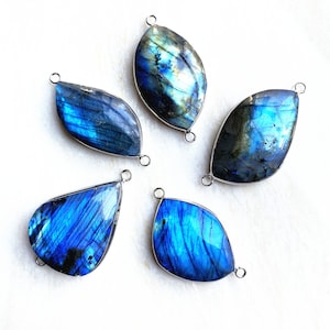 Large Rainbow Labradorite Freeform Shaped Pendant Connector with Silver Plated, Gold Plated labradorite Stone Pendant Charm Double Bail