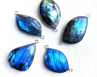 Large Rainbow Labradorite Freeform Shaped Pendant Connector with Silver Plated, Gold Plated labradorite Stone Pendant Charm Double Bail