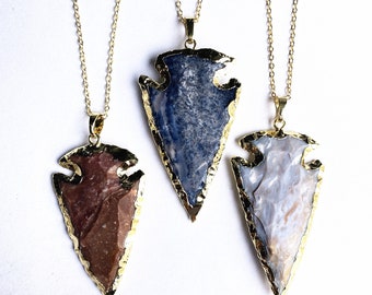 Large Jasper Arrowhead Arrow Head Pendant Charm with Gold Electroplated Edges, Silver Plated Jasper Pendant Necklace (S8_B77)