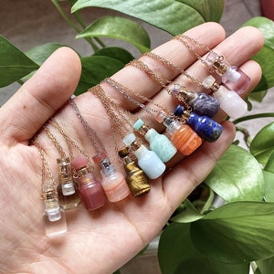 11 Gemstone for choose, Petite Wishing Bottle Perfume Bottle Pendant Necklace, Chakra Crystal Quartz Perfume Bottle Pendant Necklace Jewelry