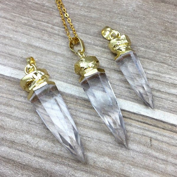 Faceted Clear Crystal Point Necklace // Rock Crystal Quartz Bullet Shaped Pendant with Gold Electroplated // Healing Crystals AAAA Quality