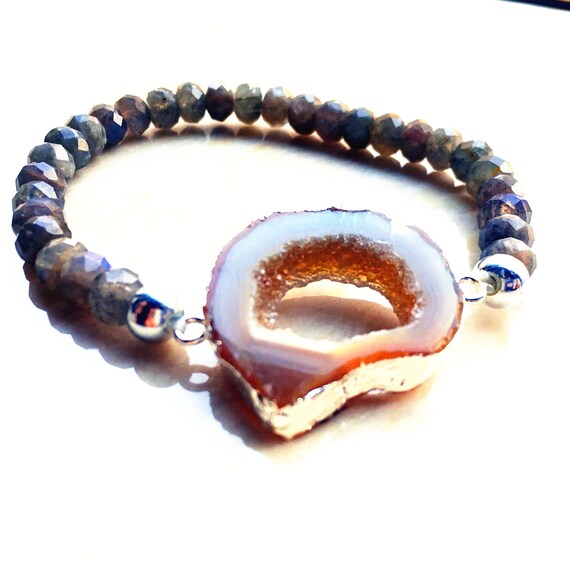 Natural Agate Slice Druzy Geode Quartz Bracelets With Stone Round Beads Jewelry 