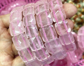 Natural Square Rose quartz Faceted Gemstone Double Drill Bracelet Pink Crystals Elastic Bangle 12mm-14mm