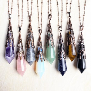 Collar con colgante de péndulo de cuarzo cristalino grande de 9 piedras preciosas con baño de oro rosa antiguo - Cadena con colgante de piedra curativa