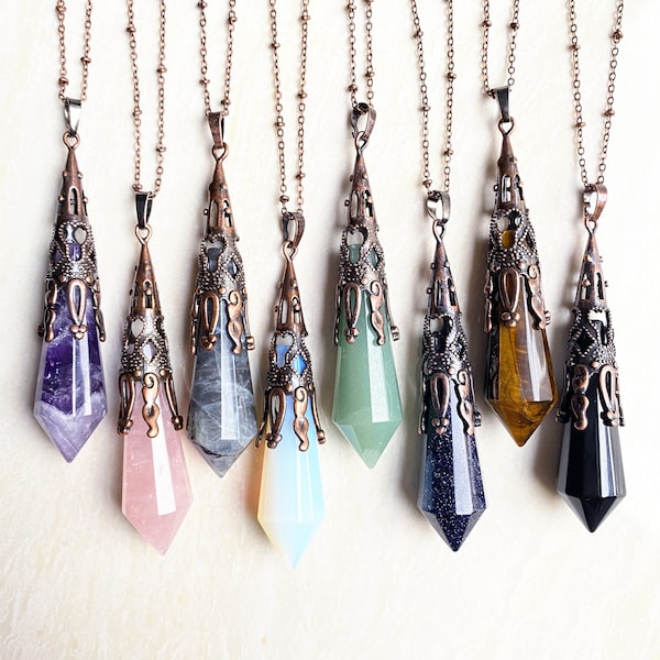 9 Gemstone Large Crystal Quartz Point Pendulum Pendant Necklace with Antique Rose Gold Plated -- Healing stone Point Pendant Necklace Chain