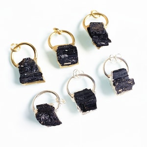 Ring with Tiny RAW Natural Black Tourmaline Charm Pendant - Raw Black Tourmaline with Gold Electroplated, Silver Black Tourmaline Necklace