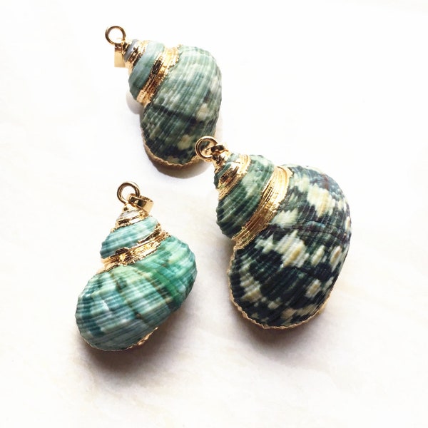 Wholesale Natural Gold Green Sea Shell Pendant - Ocean Conch Beach Shells Gemstone Pendant Necklace Electroplated in Gold (S81U21_28)