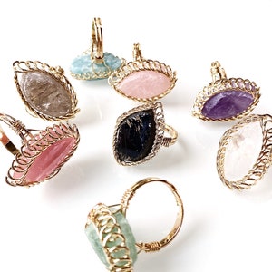 The Horse Eye Shape Gemstone Ring // Natural Healing Crystal Quartz Band Rings // Gold Jewelry Charm Adjustable Rings For Women Ladies