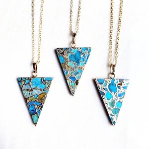 Blue Turquoise Stone Triangle Pendant // Gold Turquoise Necklace // Turquoise Triangle Pendant with Electroplated 24k Gold Bail (SD81_10)