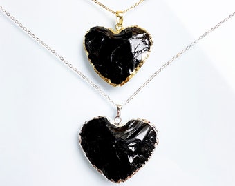 Black Tourmaline Stone Heart Love Charm Pendant with 24k Gold Electroplated - Black Gemstone Pendant Necklace Charm Jewelry