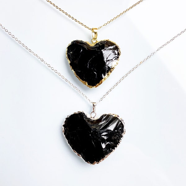 Schwarzer Turmalin Stein Herz Liebe Charm Anhänger mit 24k Gold galvanisiert - Schwarzer Edelstein Anhänger Halskette Charm Schmuck