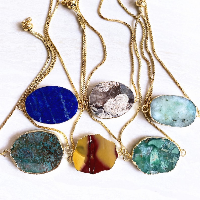 Gold Gemstone Druzy Chain bracelet adjustable for Women Ladies Gold Bracelet YOU CAN CHOOSE Healing Stone Crystal Quartz Slice Bracelet