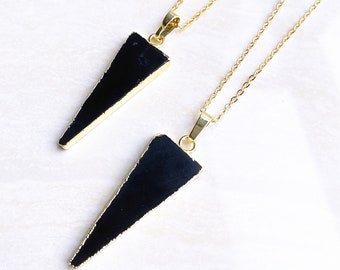 Natural Black Obsidian Triangle Pendant // Healing Gemstone Crystal Quartz Pendant Charm // Gold Black Obsidian Pendant Necklace (SD85_14)