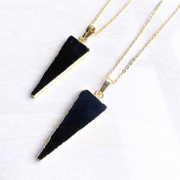 Natural Black Obsidian Triangle Pendant // Healing Gemstone Crystal Quartz Pendant Charm // Gold Black Obsidian Pendant Necklace (SD85_14)