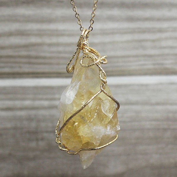 Natural Citrine Gemstone Necklace, Raw Citrine, Crystal Quartz Pendant With Gold Plated Wire Wrapped / (B8S54_03)