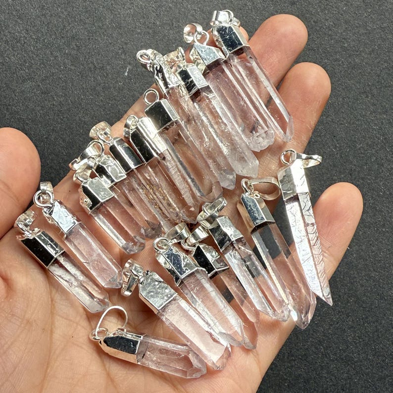 New Arrival Slender Rock Crystal Quartz Point Pendant with Electroplated Gold, Silver Natural Clear Crystal Size by Random (P85G54_10) image 7