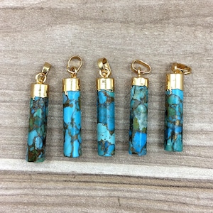 Blue Turquoise Pendant // Gold Turquoise gemstone Pendant // Colorful Natural Turquoise stone // Cylinder Shaped Turquoise Charms Jewelry