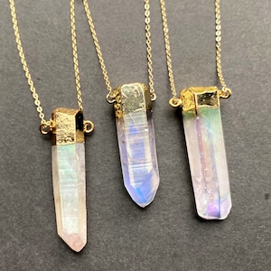 Angel Aura Crystal Quartz Point Pendant Connector with Gold Electroplated, Double Bail Quartz Points Pendant Necklace Jewelry
