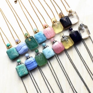 Polished Gemstone Perfume Bottle Pendant Necklace, Rectangle Healing stone Chakra Crystal Quartz Perfume Bottle Pendant Necklace Jewelry