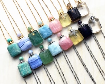 Polished Gemstone Perfume Bottle Pendant Necklace, Rectangle Healing stone Chakra Crystal Quartz Perfume Bottle Pendant Necklace Jewelry