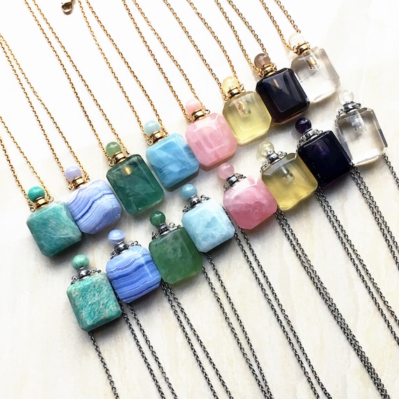 Polished Gemstone Perfume Bottle Pendant Necklace Rectangle Etsy