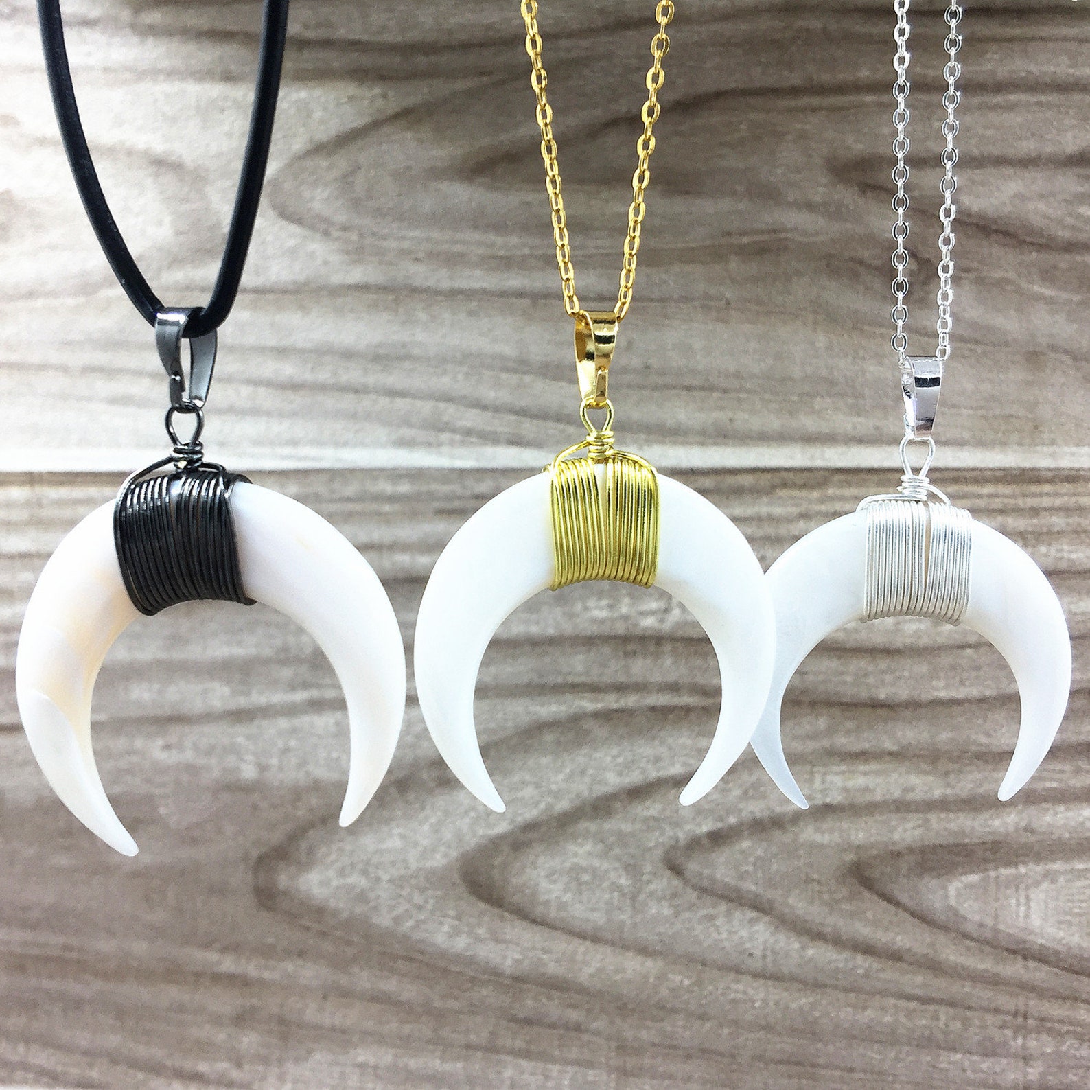 White Shell Crescent Double Horn Pendant Electroplated in Gunmetal ...