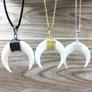 White Shell Crescent Double Horn Pendant Electroplated in Gunmetal/Silver/Gold Trim and Bail -- Natural Shell Charm Pendant Necklace