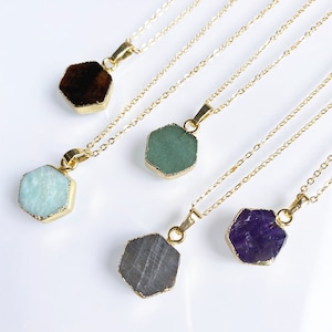 ON SALE Crystal Quartz Hexagon Shaped Pendant With Electroplated Gold Edge, Amethyst, Amazonite, Labradorite, Aventurine Gemstone For Choose