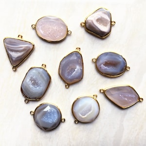 Natural Geode Druzy Charm Connector, Gold Faceted Random Shaped Agate Geode Druzy Pendant Connector with Double Bail Bezel