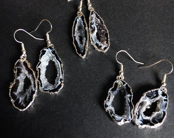 Pair Geode Agate Druzy Slice Earring // Natural Agate Geode Silce Druzy Dangle Earring // Silver Plated Agate Slice, Gift for her