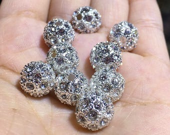 20Pcs of 10mm/12mm Silver Plated Beads Pave Clear Crystal stones Disco Ball Loose Rhinestone Spacer Findings