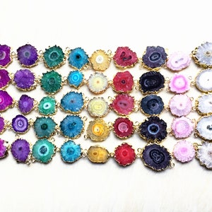 9 Colors Mystical Solar Stalactite Geode Slice Druzy Crystal Gemstone with Electroplated Gold Cap and Bail, Double Bail Pendant Connector