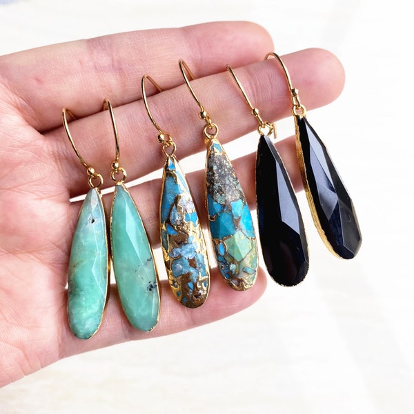 Faceted Long Teardrop Earring, Natural Quartz Gemstone Dangle Earring with Gold Electroplated Edges, Turquoise, Amazonite, Labradorite
