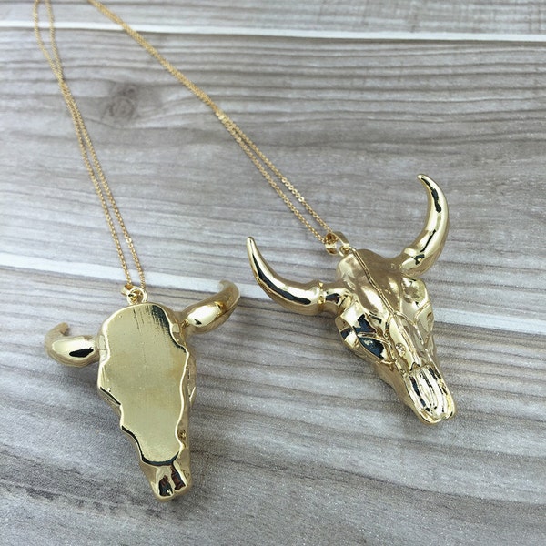 FULL GOLD Plated Longhorn Horn Cattle Pendant Necklace, Longhorn Bull Cattle Charm Bijoux boho buffles Head Jewelry (S8B7_F)