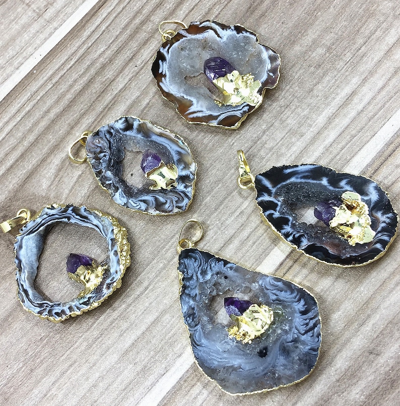 Natural Raw Amethyst Geode Agate Druzy Slice Pendants with Gold Electroplated, Silver Amethyst Geode Druzy // Wholesale price 1, 3, 5 B889 image 4