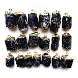 Large Natural Black Tourmaline Charm Pendant - Raw Black Tourmaline with Gold Electroplated Cap - Silver Black Tourmaline Pendant Necklace