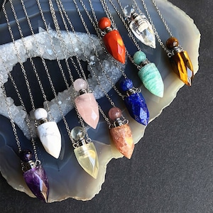 11 Gemstone for choose, Petite Point Quartz Perfume Bottle Pendant Necklace, Healing Crystal Quartz Perfume Bottle Pendant Necklace Jewelry