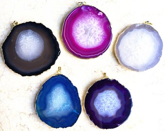 Super Large Geode Agate Slice Druzy Pendant with Gold Plated Edge - Drusy Druzzy Agate Lace Slice Pendant - 5 Colors for choose (S2V4_32)