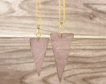 Natural Rose Quartz Triangle Pendant // Healing Gemstone Crystal Quartz Pendant Charm // Gold Pink Stone Pendant Necklace (SD85_12)