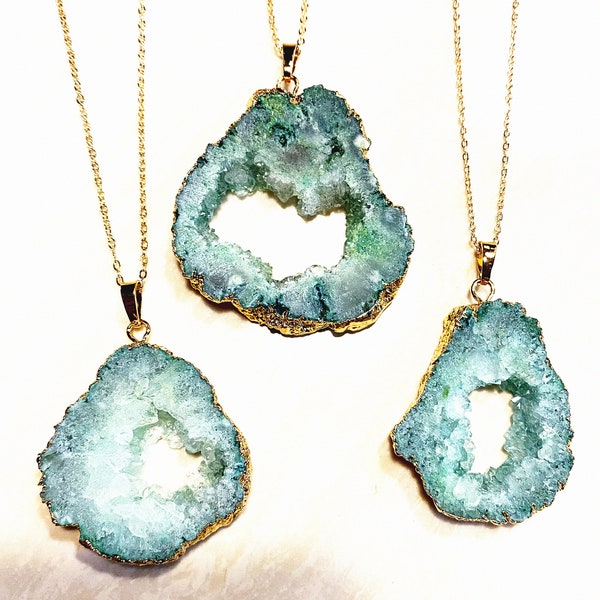 SALE Green Geode Druzy Pendant Necklace - Green Drussy Crystal Quartz Geode - Druzy Geode Pendant with Gold Electroplated Edges