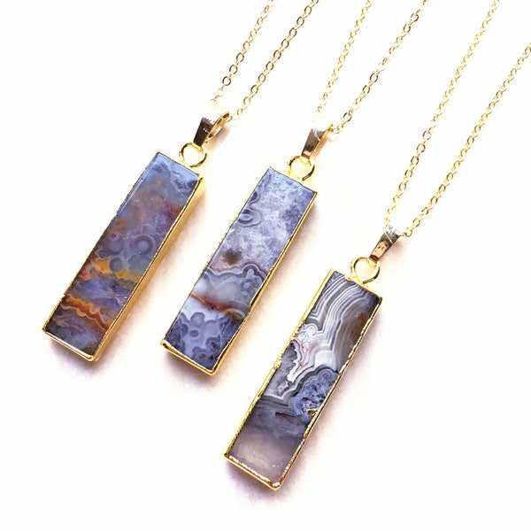 Colorful Lace Agate Rectangle Bar Pendant Necklace // Lace Agate Pendant Electroplated Gold Edge, Colorful Agate Gemstone Charms Jewelry