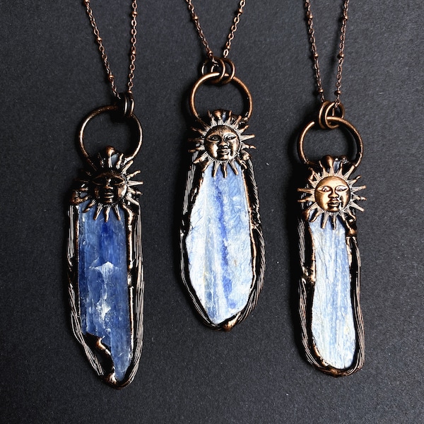 Large Kyanite Necklace, Ring with Blue Kyanite Pendant, Sun and Blue Kyanite Charm with Antique Rose Gold Plated