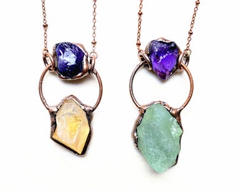 Raw Citrine, Green Fluorite with Amethyst Crystal in Antique Rose Gold Plated, Ring with Double Quartz Gemstone Pendant Necklace