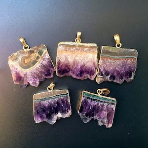Large Natural Amethyst Pendant // Amethyst Slice with Gold Electroplated Cap and Bail // Silver Plated Amethyst Quartz Crystal Pendant Charm