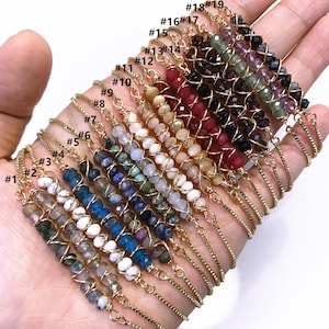 Gemstone Beaded Chain Bracelet, Healing Crystal Quartz Bracelet, Wire Wrapped Natural Quartz Beaded Bracelet Adjustable Chain YOU CAN CHOOSE