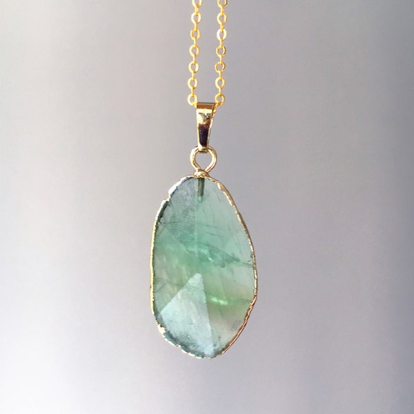 Ice Green Fluorite Point Pendant Necklace // Gold Fluorite // Light Green Crystal Quartz Electroplated 24K gold // Fluorite Pendant B954